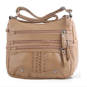 10 Pocket Crossbody Purse Ladies Soft PU Leather Shoulder bag Khaki